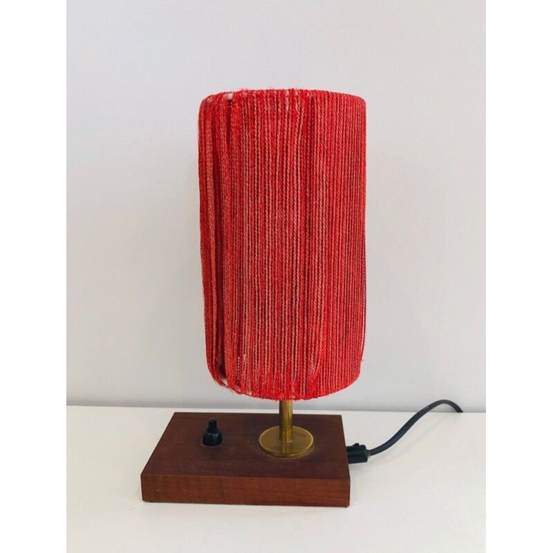 Small Wood, Brass and Wool Table Lamp, French Work, circa 1950