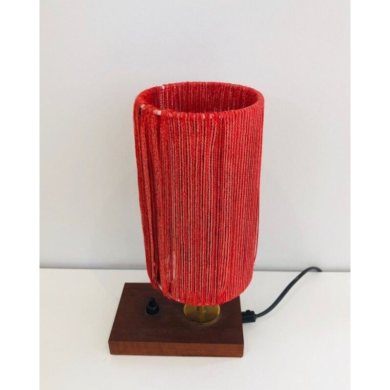 Small Wood, Brass and Wool Table Lamp, French Work, circa 1950
