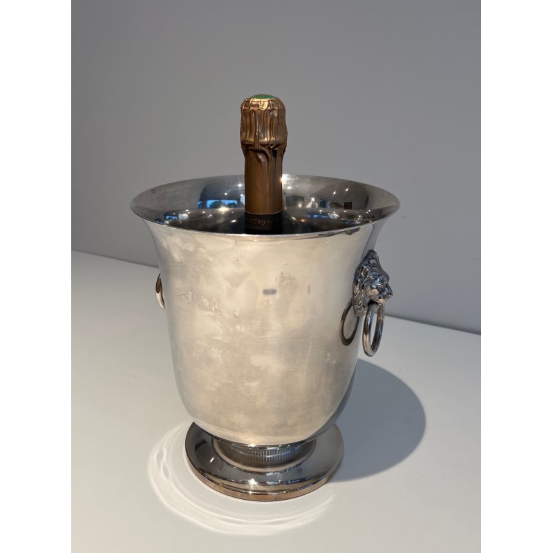 Silvered Metal Champagne Bucket with Lion's-Head Handles o | Maison Barrois
