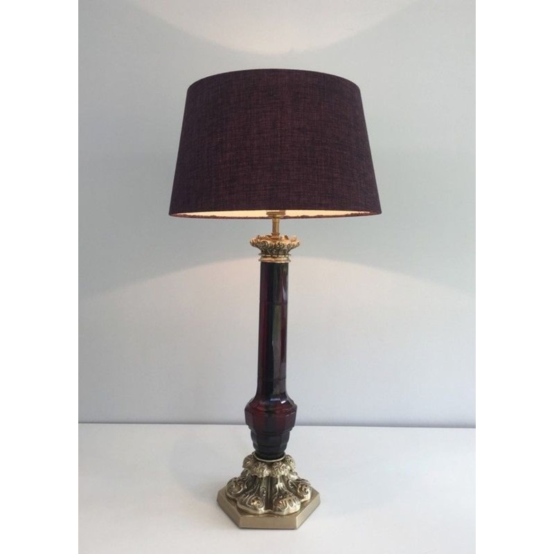 Tall Red Crystal and Chiseled Bronze Table Lamp, Attr. Cristal & Bronze Paris, circa 1940