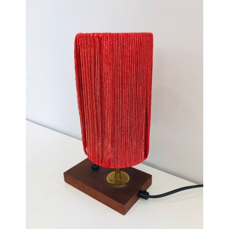 Small Wood, Brass and Wool Table Lamp, French Work, circa 1950
