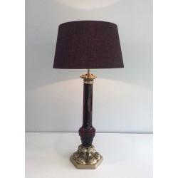Tall Red Crystal and Chiseled Bronze Table Lamp, Attr. Cristal & Bronze Paris, circa 1940