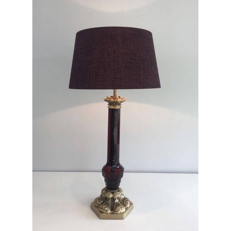 Tall Red Crystal and Chiseled Bronze Table Lamp, Attr. Cristal & Bronze Paris, circa 1940