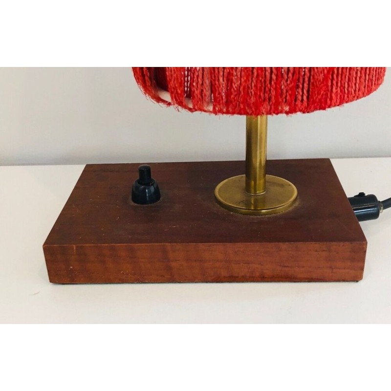 Small Wood, Brass and Wool Table Lamp, French Work, circa 1950