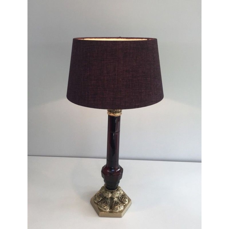 Tall Red Crystal and Chiseled Bronze Table Lamp, Attr. Cristal & Bronze Paris, circa 1940