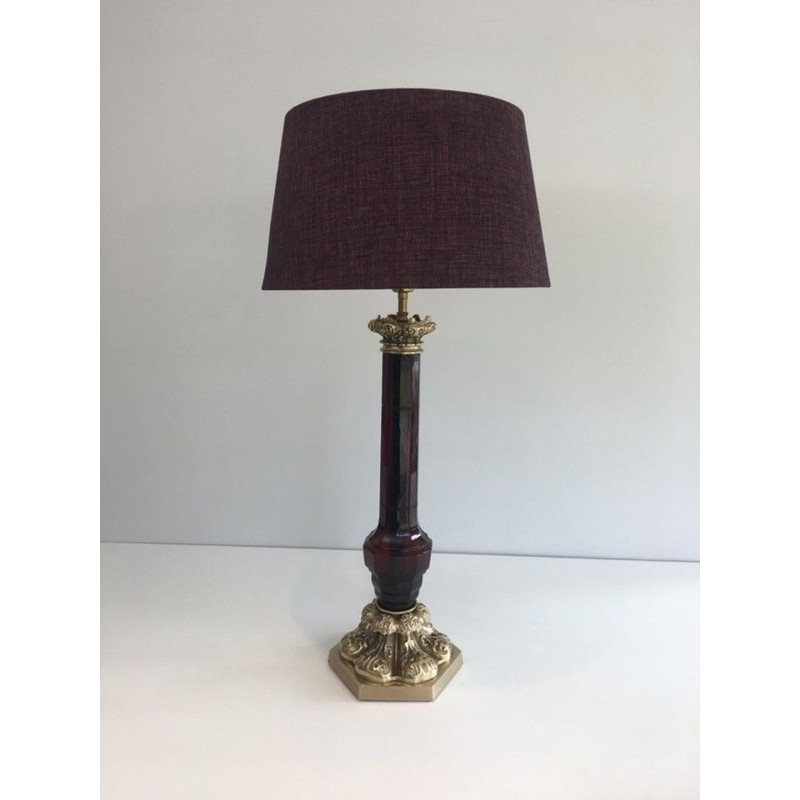Tall Red Crystal and Chiseled Bronze Table Lamp, Attr. Cristal & Bronze Paris, circa 1940