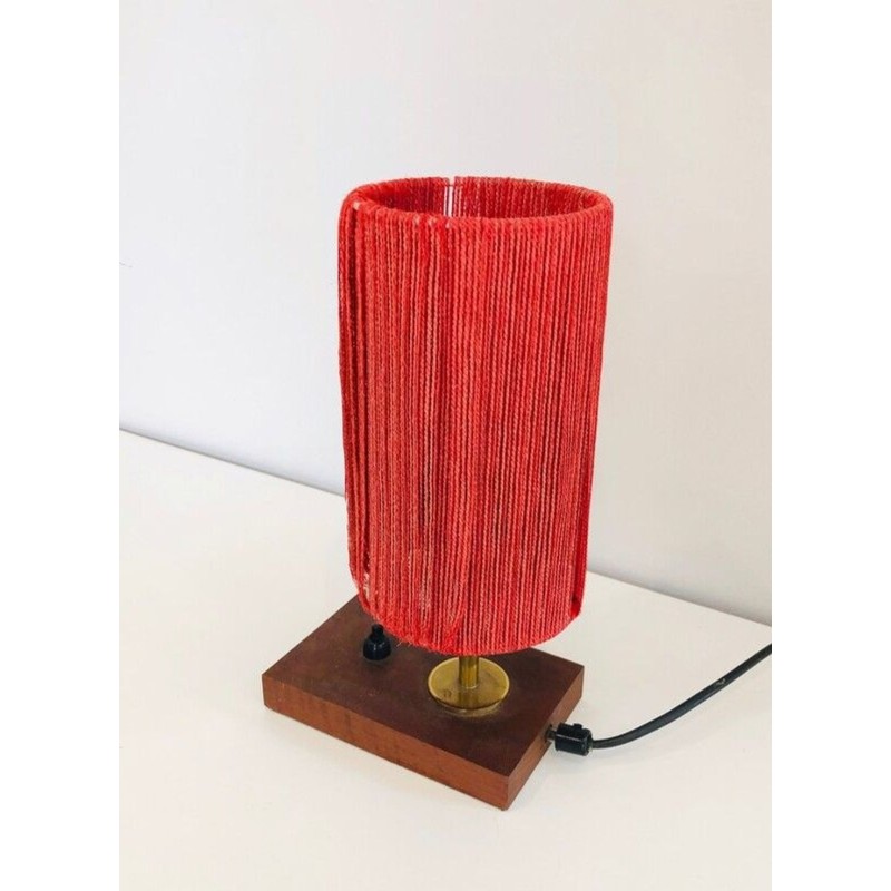 Small Wood, Brass and Wool Table Lamp, French Work, circa 1950