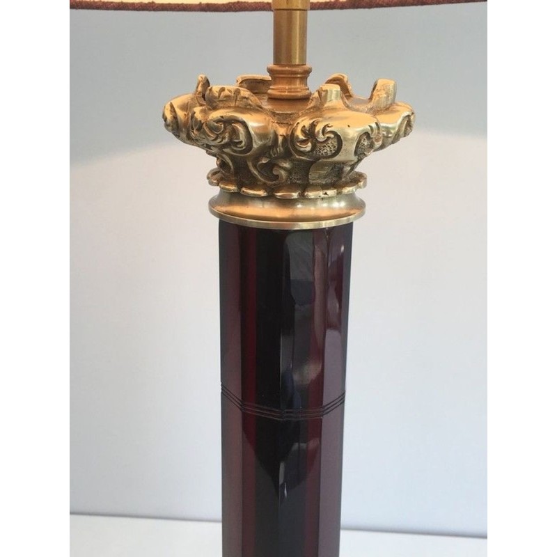 Tall Red Crystal and Chiseled Bronze Table Lamp, Attr. Cristal & Bronze Paris, circa 1940