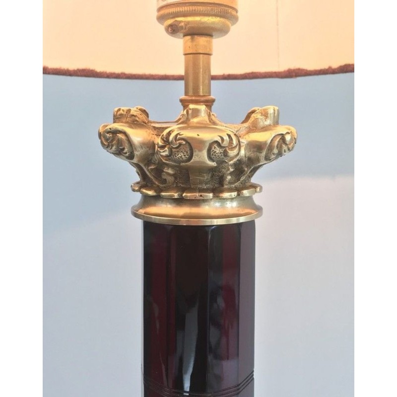 Tall Red Crystal and Chiseled Bronze Table Lamp, Attr. Cristal & Bronze Paris, circa 1940