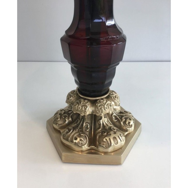 Tall Red Crystal and Chiseled Bronze Table Lamp, Attr. Cristal & Bronze Paris, circa 1940