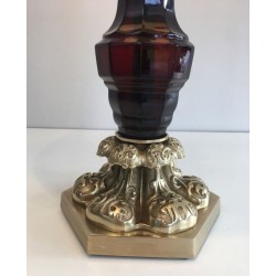 Tall Red Crystal and Chiseled Bronze Table Lamp, Attr. Cristal & Bronze Paris, circa 1940