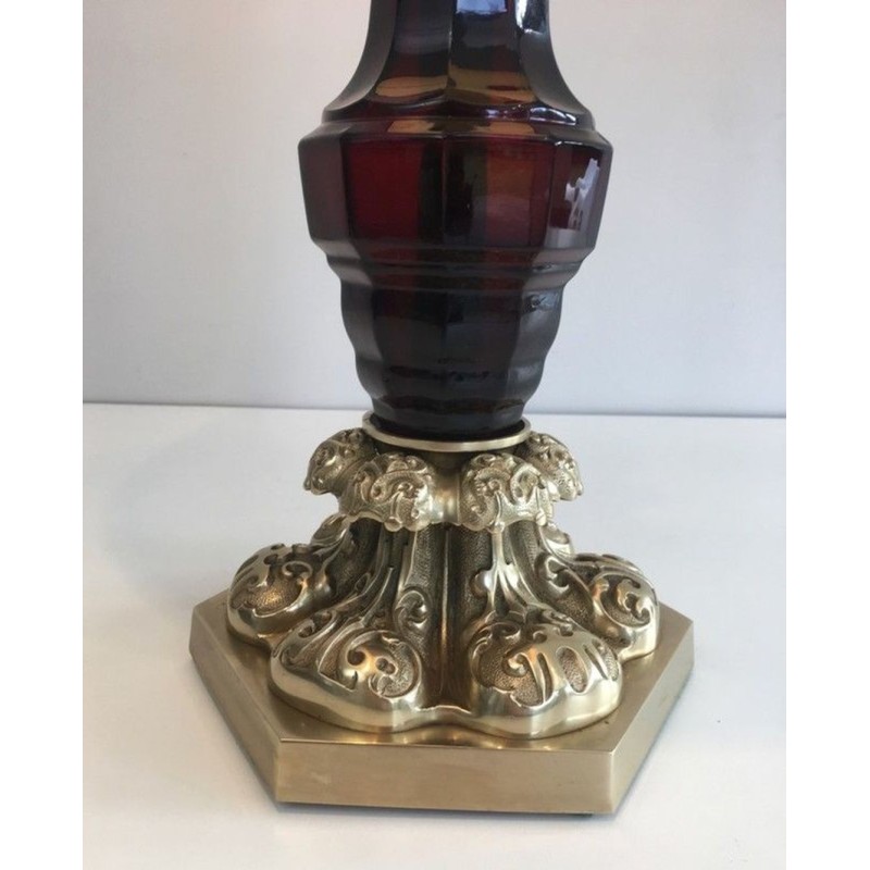 Tall Red Crystal and Chiseled Bronze Table Lamp, Attr. Cristal & Bronze Paris, circa 1940