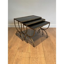 Set of Three Gilt Wrought Iron Nesting Tables with Curule Base, Neoclassical, French Work, by Maison Ramsay, circa 1940
