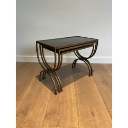 Set of Three Gilt Wrought Iron Nesting Tables with Curule Base, Neoclassical, French Work, by Maison Ramsay, circa 1940