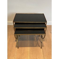 Set of Three Gilt Wrought Iron Nesting Tables with Curule Base, Neoclassical, French Work, by Maison Ramsay, circa 1940