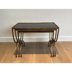 Set of Three Gilt Wrought Iron Nesting Tables with Curule Base, Neoclassical, French Work, by Maison Ramsay, circa 1940