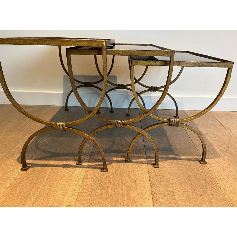 Set of Three Gilt Wrought Iron Nesting Tables with Curule Base, Neoclassical, French Work, by Maison Ramsay, circa 1940