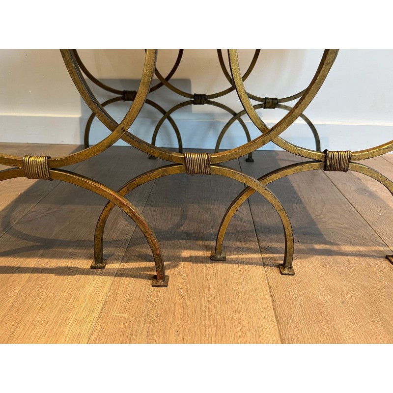 Set of Three Gilt Wrought Iron Nesting Tables with Curule Base, Neoclassical, French Work, by Maison Ramsay, circa 1940