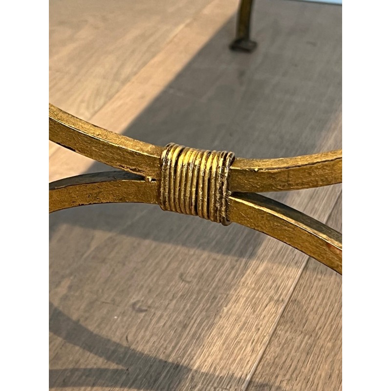 Set of Three Gilt Wrought Iron Nesting Tables with Curule Base, Neoclassical, French Work, by Maison Ramsay, circa 1940