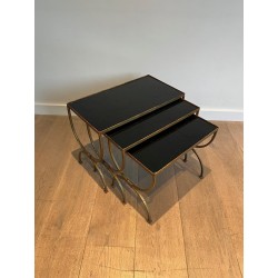 Set of Three Gilt Wrought Iron Nesting Tables with Curule Base, Neoclassical, French Work, by Maison Ramsay, circa 1940