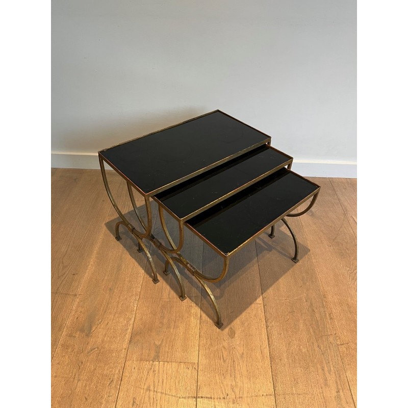 Set of Three Gilt Wrought Iron Nesting Tables with Curule Base, Neoclassical, French Work, by Maison Ramsay, circa 1940