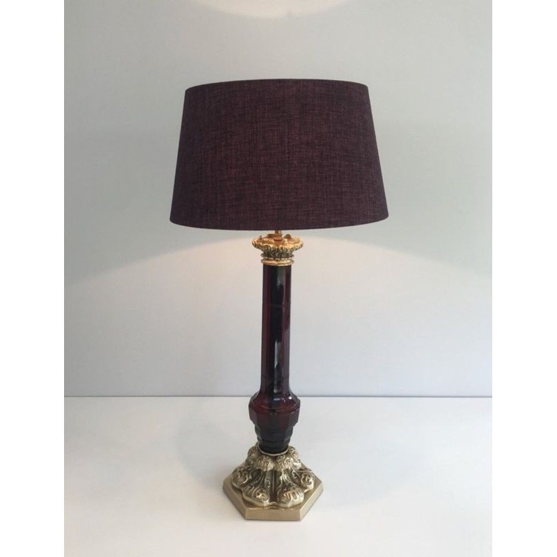 Tall Red Crystal and Chiseled Bronze Table Lamp, Attr. Cristal & Bronze Paris, circa 1940