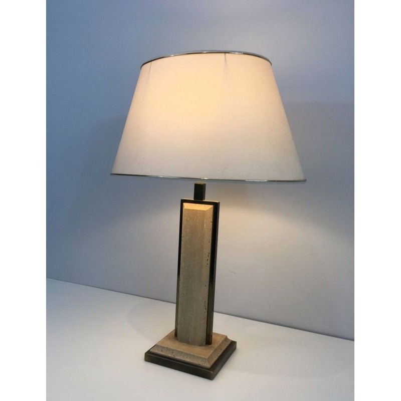Travertine and Gilt Chrome Table Lamp, French Work, circa 1970