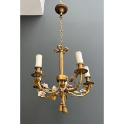 Chandelier in Gilt Bronze with a Ribbon Bow and Porcelain Flowers, Louis XVI, French Work, circa 1920