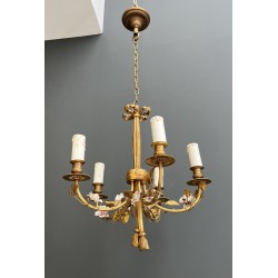 Chandelier in Gilt Bronze with a Ribbon Bow and Porcelain Flowers, Louis XVI, French Work, circa 1920