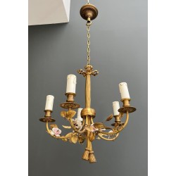 Chandelier in Gilt Bronze with a Ribbon Bow and Porcelain Flowers, Louis XVI, French Work, circa 1920