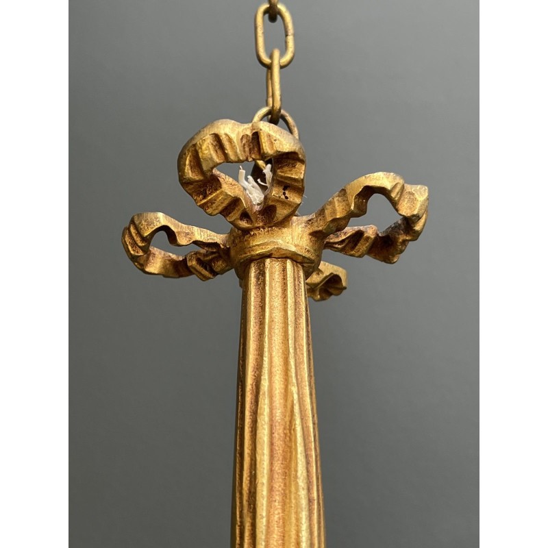 Chandelier in Gilt Bronze with a Ribbon Bow and Porcelain Flowers, Louis XVI, French Work, circa 1920
