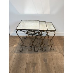 Set of Three Hammered and Gilt Wrought Iron Nesting Tables with Interlacing, Neoclassical, French Work, by René Prou, circa 1940