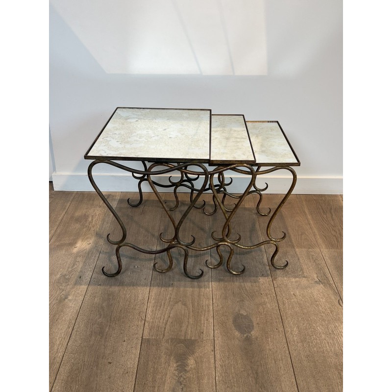 Set of Three Hammered and Gilt Wrought Iron Nesting Tables with Interlacing, Neoclassical, French Work, by René Prou, circa 1940