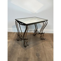 Set of Three Hammered and Gilt Wrought Iron Nesting Tables with Interlacing, Neoclassical, French Work, by René Prou, circa 1940
