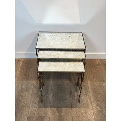 Set of Three Hammered and Gilt Wrought Iron Nesting Tables with Interlacing, Neoclassical, French Work, by René Prou, circa 1940