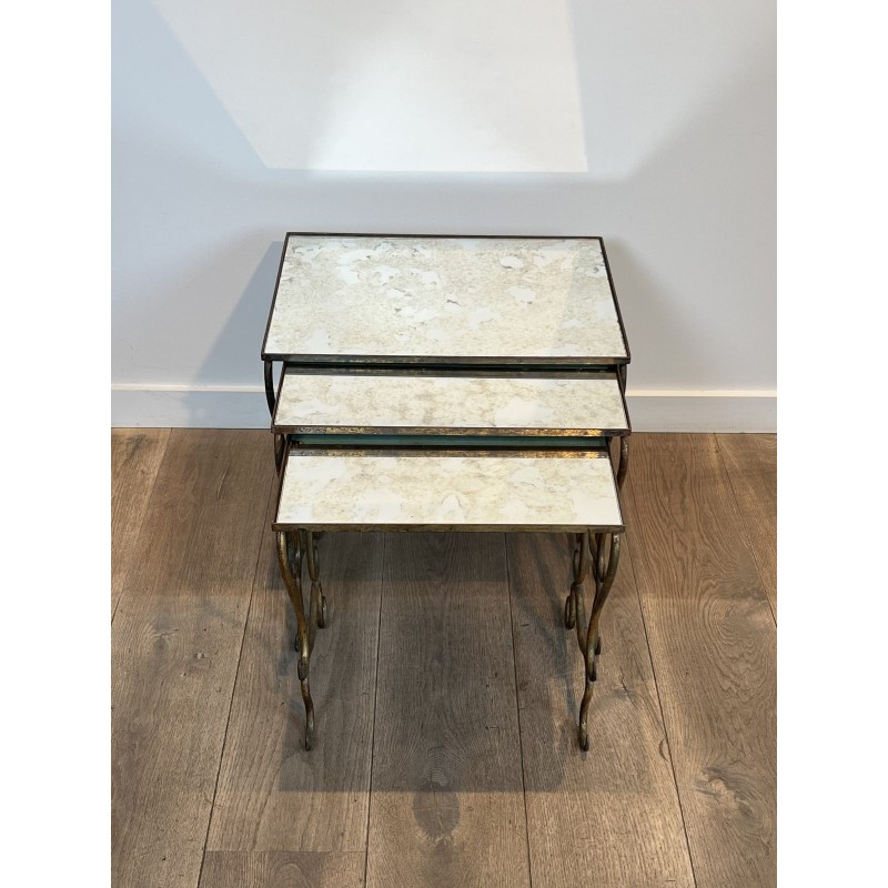 Set of Three Hammered and Gilt Wrought Iron Nesting Tables with Interlacing, Neoclassical, French Work, by René Prou, circa 1940