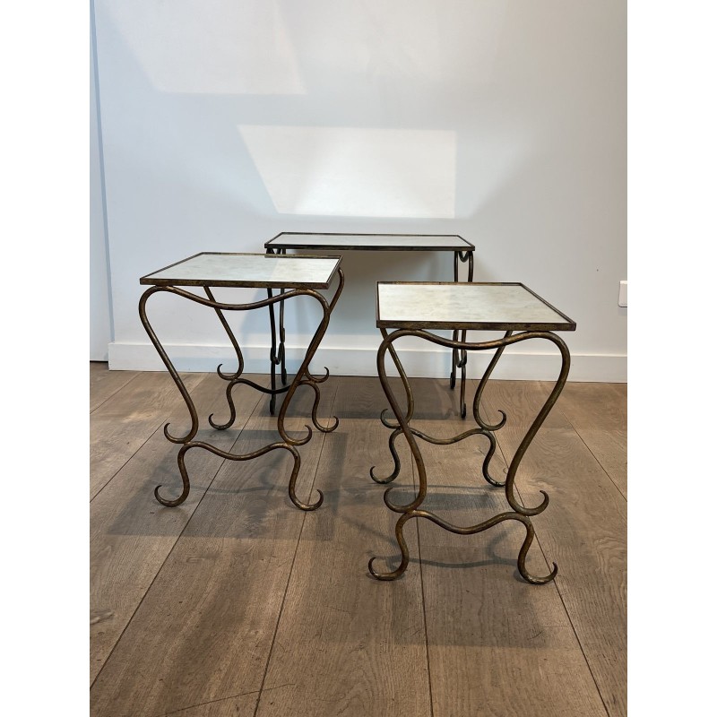 Set of Three Hammered and Gilt Wrought Iron Nesting Tables with Interlacing, Neoclassical, French Work, by René Prou, circa 1940