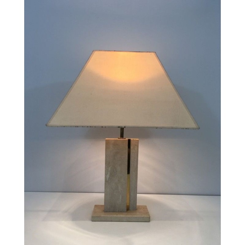 Travertine and Brass Table Lamp with Original Shade, French Work, circa 1970