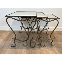 Set of Three Hammered and Gilt Wrought Iron Nesting Tables with Interlacing, Neoclassical, French Work, by René Prou, circa 1940