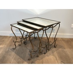 Set of Three Hammered and Gilt Wrought Iron Nesting Tables with Interlacing, Neoclassical, French Work, by René Prou, circa 1940