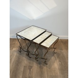 Set of Three Hammered and Gilt Wrought Iron Nesting Tables with Interlacing, Neoclassical, French Work, by René Prou, circa 1940