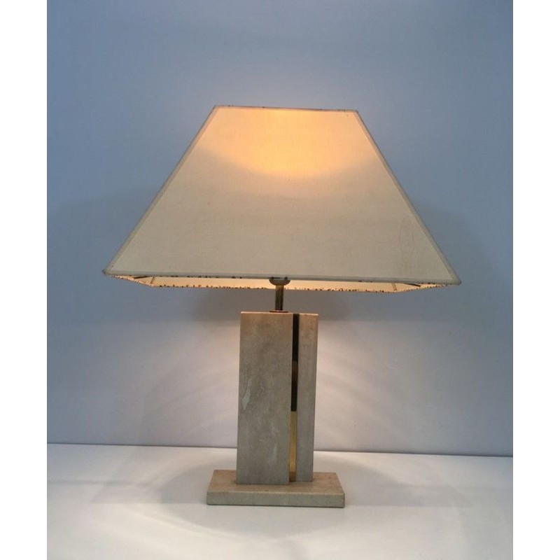 Travertine and Brass Table Lamp with Original Shade, French Work, circa 1970