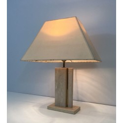 Travertine and Brass Table Lamp with Original Shade, French Work, circa 1970