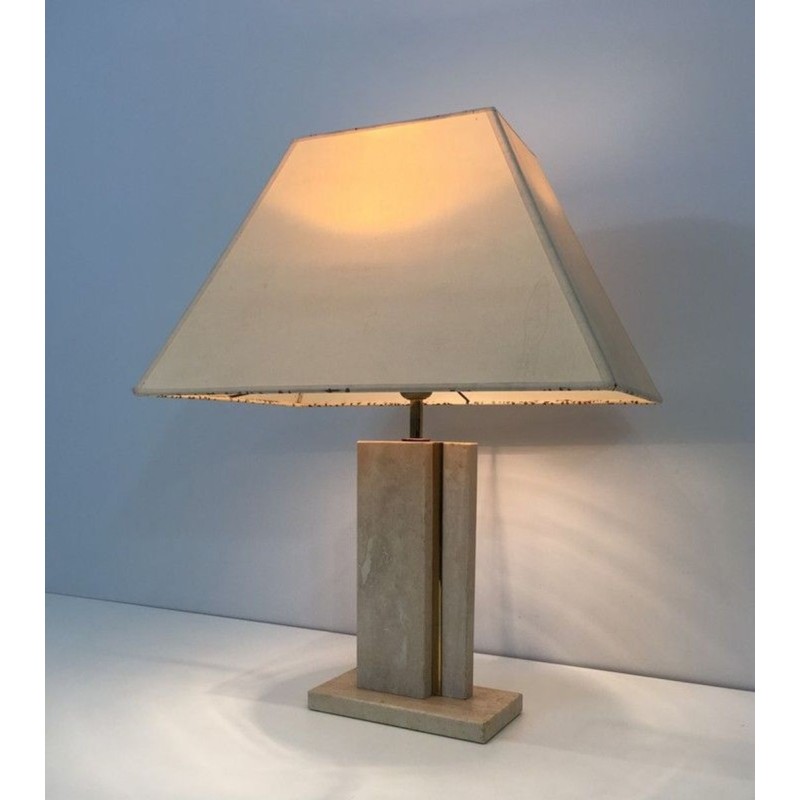 Travertine and Brass Table Lamp with Original Shade, French Work, circa 1970