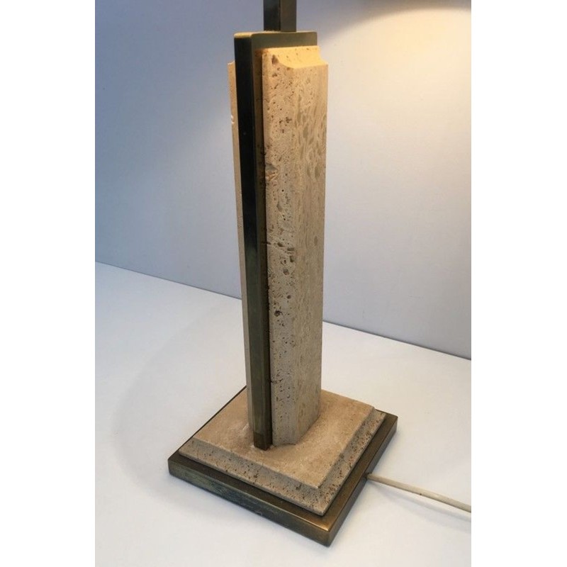Travertine and Gilt Chrome Table Lamp, French Work, circa 1970