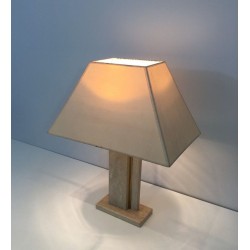 Travertine and Brass Table Lamp with Original Shade, French Work, circa 1970