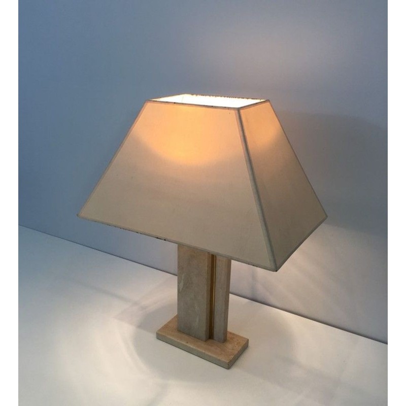 Travertine and Brass Table Lamp with Original Shade, French Work, circa 1970
