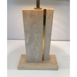 Travertine and Brass Table Lamp with Original Shade, French Work, circa 1970