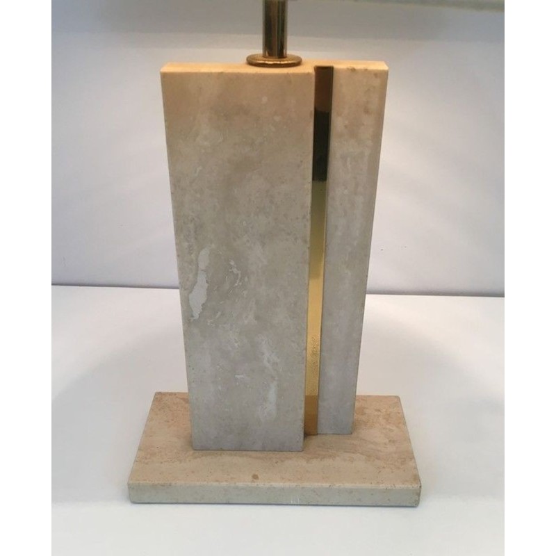 Travertine and Brass Table Lamp with Original Shade, French Work, circa 1970