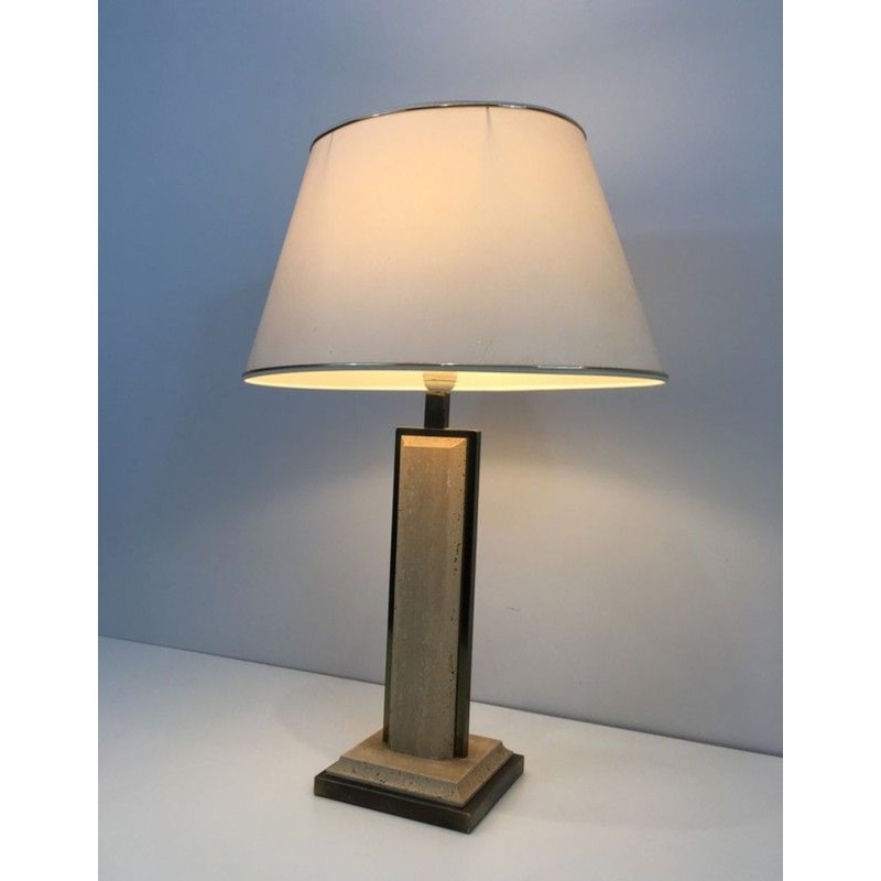 Travertine and Gilt Chrome Table Lamp, French Work, circa 1970